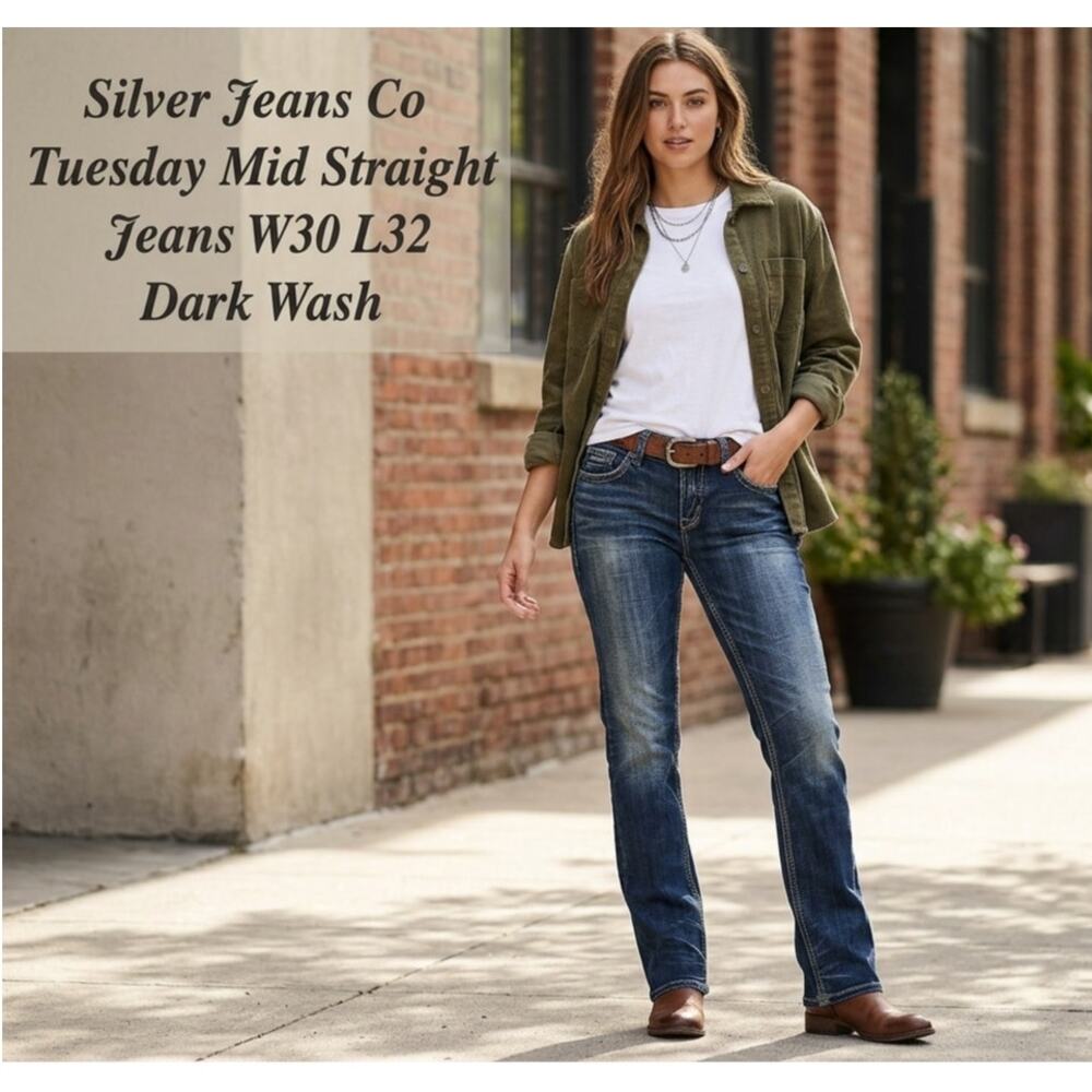 Silver Jeans Co Tuesday Mid Straight Jeans W30 L32 Dark Wash Y2K Whiskered EUC